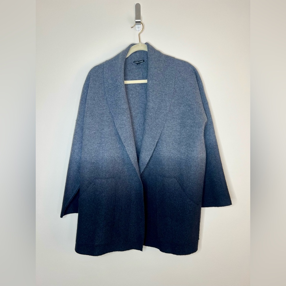 Eileen Fisher Ombre Gray Black Boiled Wool Jacket Pocket Open Lagenlook Medium